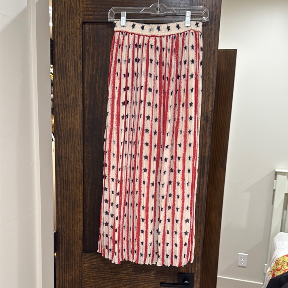 Cambridge Dry Goods Red, White & Navy Star-Print Pleated Maxi Skirt